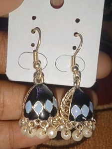 Navy Blue With White Pearl Jhumka Earrings