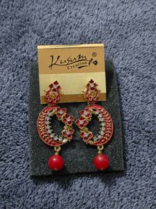 Red Floral Crescent Earrings with Bead Drop