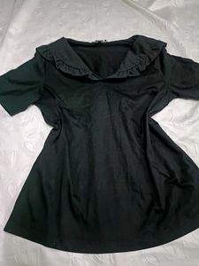 Imported Ruffled Collar Black Tee