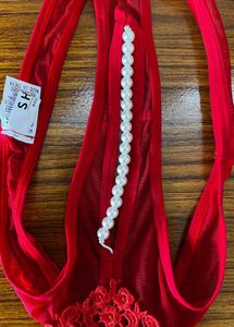 Red Lace Thong with Pearl Detail