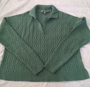 Green Cable Knit Polo Sweater