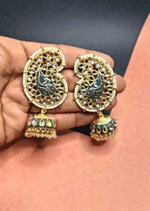 Beautiful Grey Meenakari Kundan Earrings