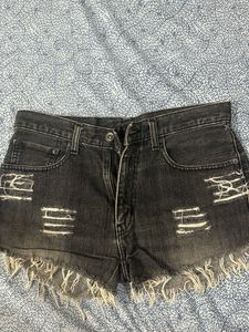 Distressed Black Denim Shorts