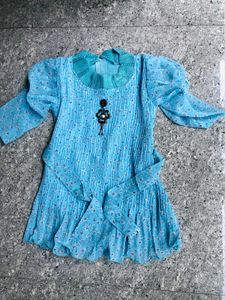 Blue Floral Mini Dress with Belt