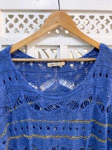 Stylish Blue Crochet Knit Batwing Top B