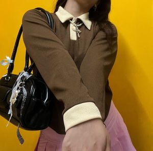 Brown Ribbed Polo Long Sleeve Top