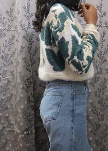 Off White Sweater With Green Leafy Prints