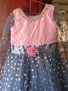 Silver with Pink Girl's Party Wear Gown