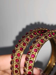 Red Studded Gold Plated Bangle [Set Of 2]