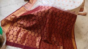 beautiful 😍 Cream &amp; Maroon slik pattu Saree 🔥