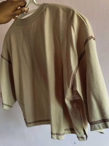 Cropped Beige Tee with Raw Hem