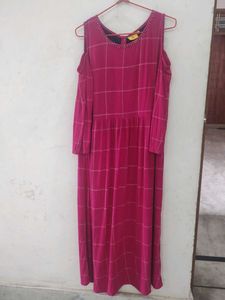 Pink Plaid Cold Shoulder Maxi Dress