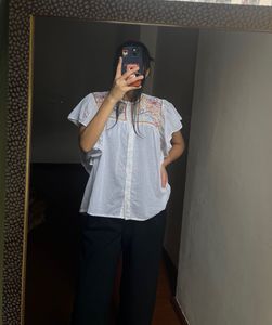 Embroidered Cotton Linen Flutter sleeve Tops