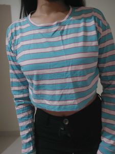 Blue & Pink Striped Long Sleeve Crop Top