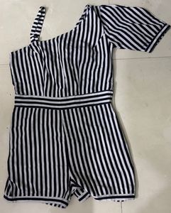 Striped One-Shoulder Romper