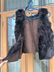 combo of Fur half jacket and Grey back strip top