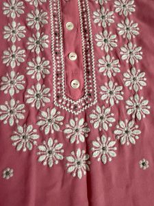 Pink Embroidered Kurta with free matching earring