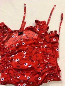 Red Floral Ruched Blouse