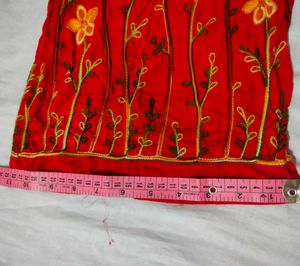 Bright Red Floral Embroidered Cotton Pants – Free
