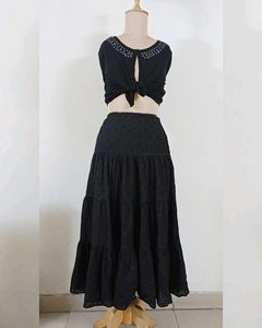 Black Schiffli Tiered Flared Skirt