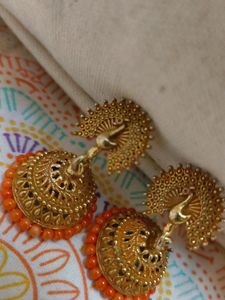 Peacock Style Orange Coloured Jhumkas