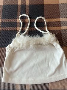 Fluffy Trim White Tank Top
