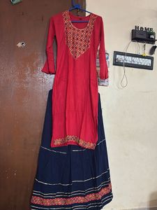 Red & Blue Embroidered Kurti with Skirt