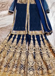 Elegant Navy &amp; Gold Embroidered Kurti Sharara Set