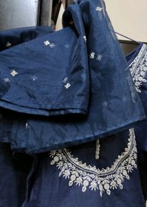Cotton Zari Embroidery Kurta With Solid Pant And O