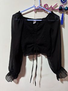 Black Sheer Sleeve Crop Top
