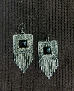 Silver Oxidised Earrings With Black Stone