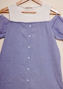 Striped Cold Shoulder Button-Up Dress