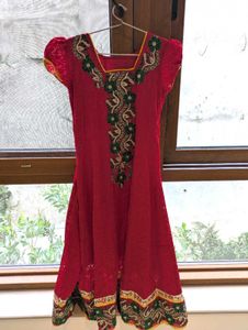 Ethnic Red Kurta Suit Set with Aplic Work.