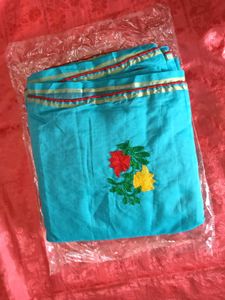 Blue With Red Floral Design ChanderiCotton Saree