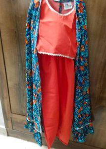 Coral Top & Pants with Floral Cardigan