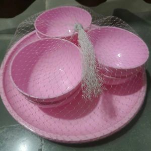 Pink Plastic Bowl and Plate Set