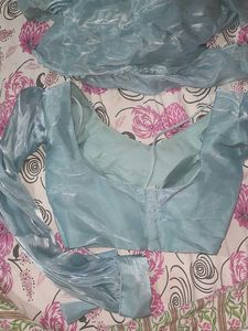Aqua Blue  pre draped Sari Blouse and Fabric