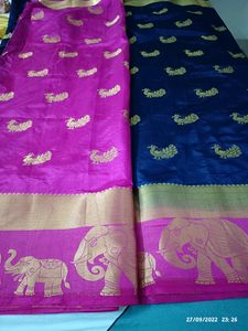 pink &amp; navy blue silk saree with brocade