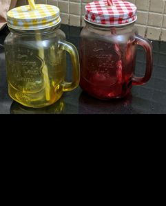 Set of 2 Mason Jar Glass Cups with Straws &amp; Lids