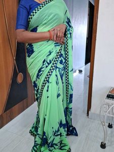 Green and blue prints Saree