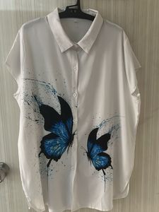 Women White And Blue Butterfly Top