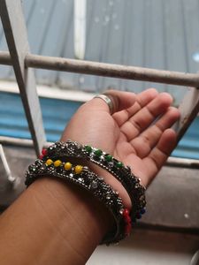 Silver Oxidised Colourful Bangles