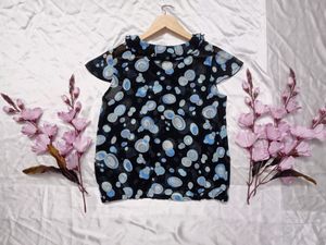 Frilled Neck Bubble Printed See-through top