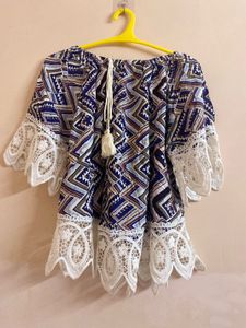 Patterned Beechy Top Bohemian Blue White