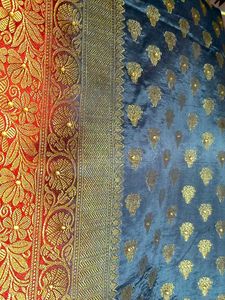 Elegant Reddish Orange &amp; Grey Silk Saree