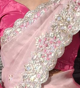Organze Baby Pink Saree With Rani Blouse