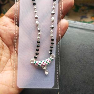 Pure Silver Beautiful Green &amp; Pink CZ Mangalsutra