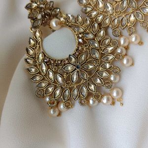 Gold Plated Pearl Earrings Tikka Set