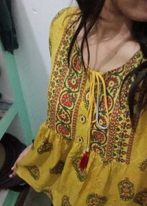Yellow Floral Print Peasant Short Kurti
