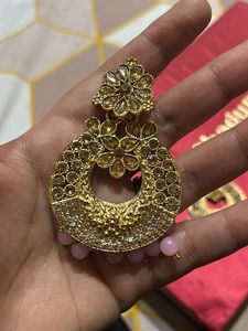 Golden Ethnic Earrings With Baby Pink Pearls